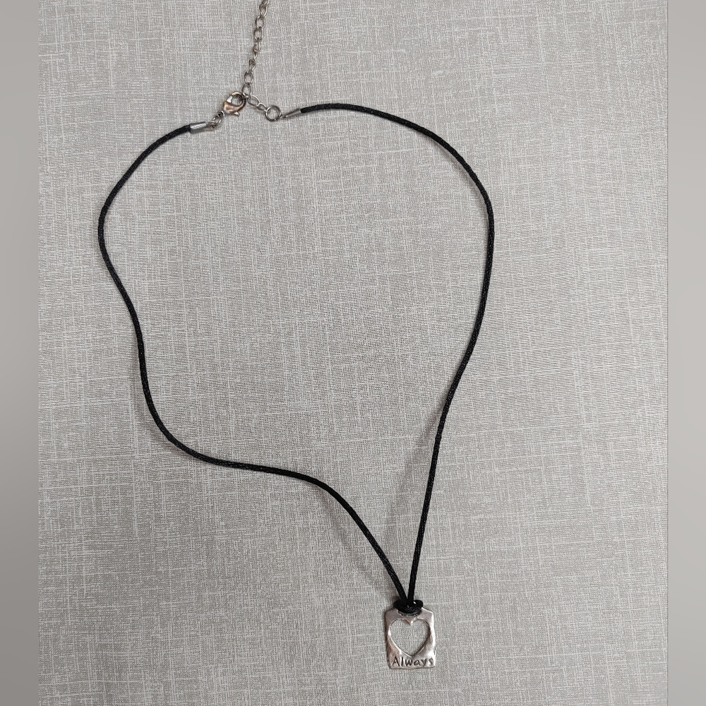925 Sterling Silver 'Always' Open Heart Tag Pendant Black Cord Necklace  - Picture 3 of 4
